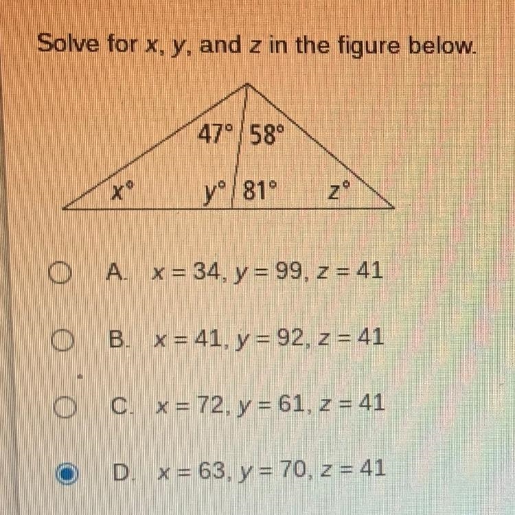 Solve for x, y, and z in the figure below.-example-1