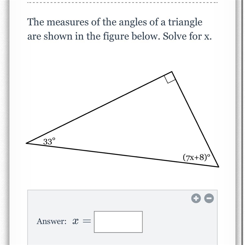 The measures of the angles of a triangle are shown in the figure below. Solve for-example-1