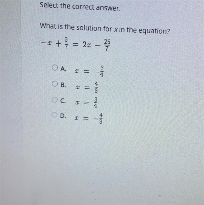 Select the correct answer. What is the solution for x in the equation? 25 -- + = 22 - O-example-1