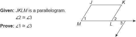 Drag an expression or phrase to each box to complete the proof. It is given that JKLM-example-1