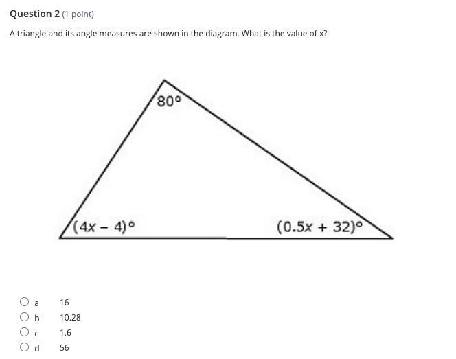 HELP A triangle and its angle measures are shown in the diagram. What is the value-example-1