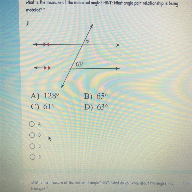 What is the measure of the indicated angle?-example-1