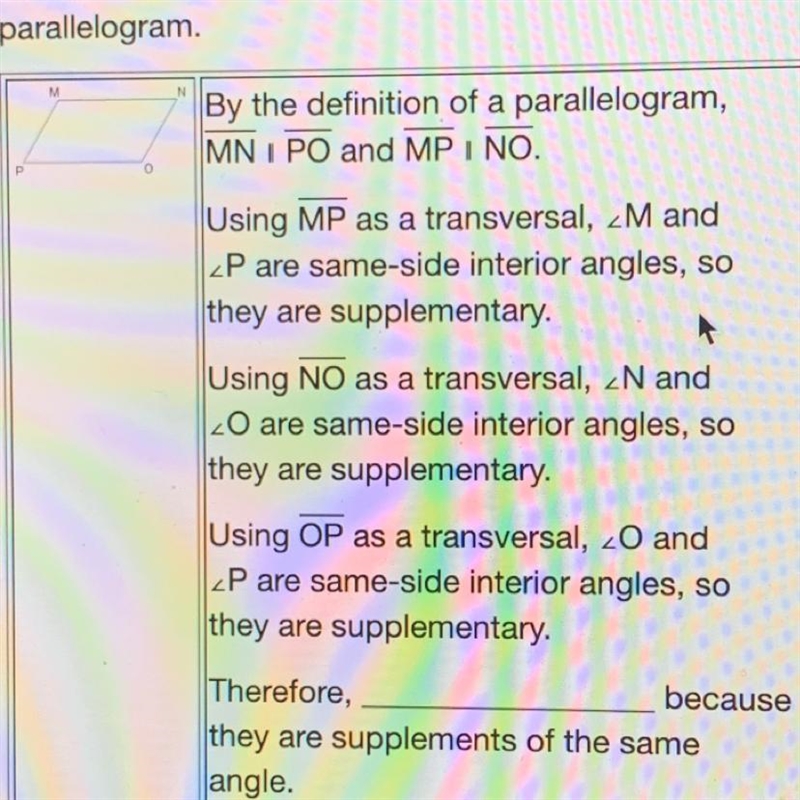 A partial proof was constructed given that MNOP is a parallelogram. Which statement-example-1