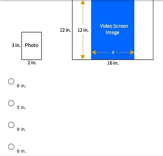 PLEASE HELP ASAP!!! A video screen is 16 in. by 12 in. tall. What is the width of-example-1