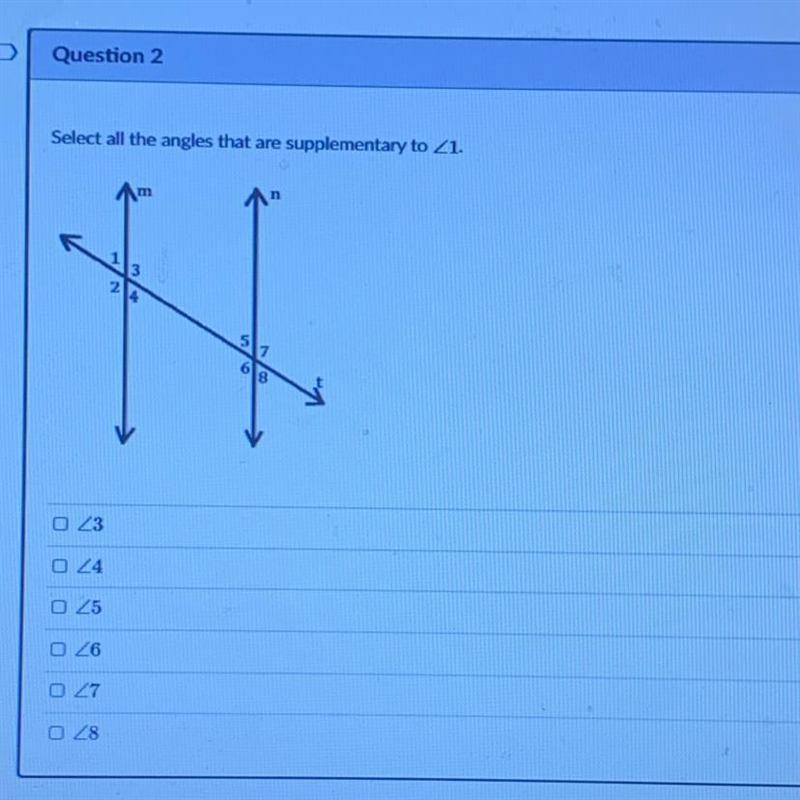 Select all the angles that are supplementary to angle 1.-example-1