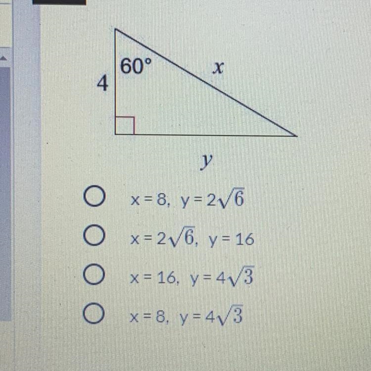 60° X y x= 8, y=2V x=2V6, y = 16 x = 16, y=473 O , x = 8, y = 413 оооо-example-1