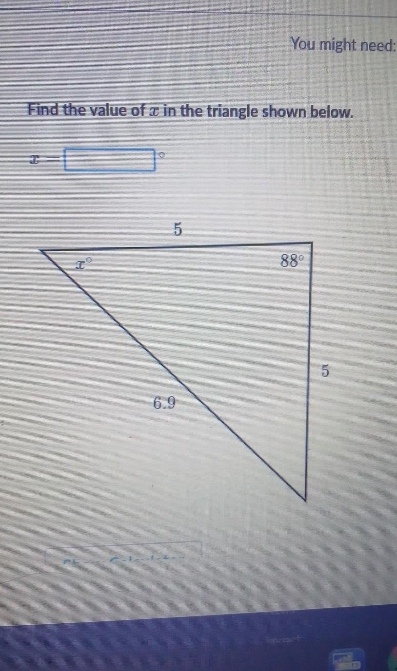 Find the value of x in the triangle shown below ​-example-1