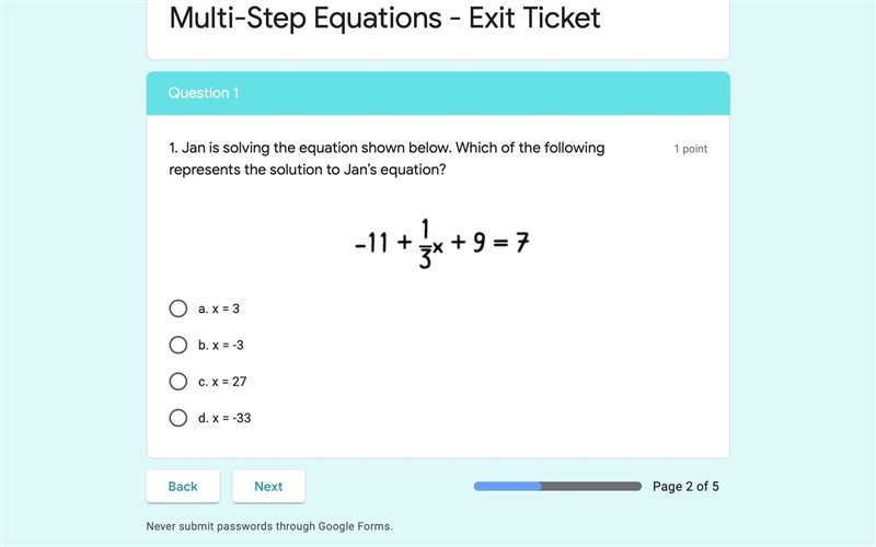 What is the answer to -11+1/3x+9=7-example-1