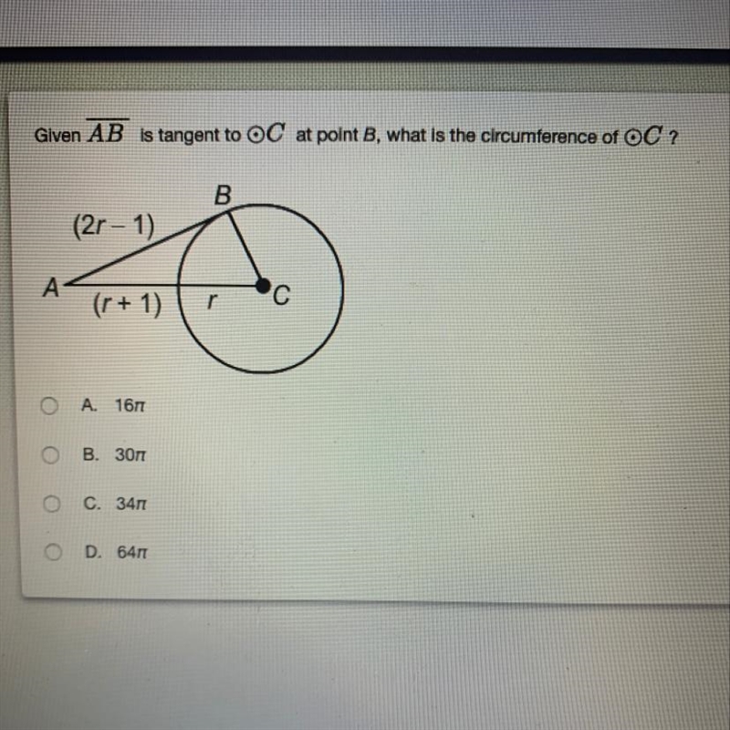 Given AB is tangent to circle C at point B, what is the circumference of circle C-example-1