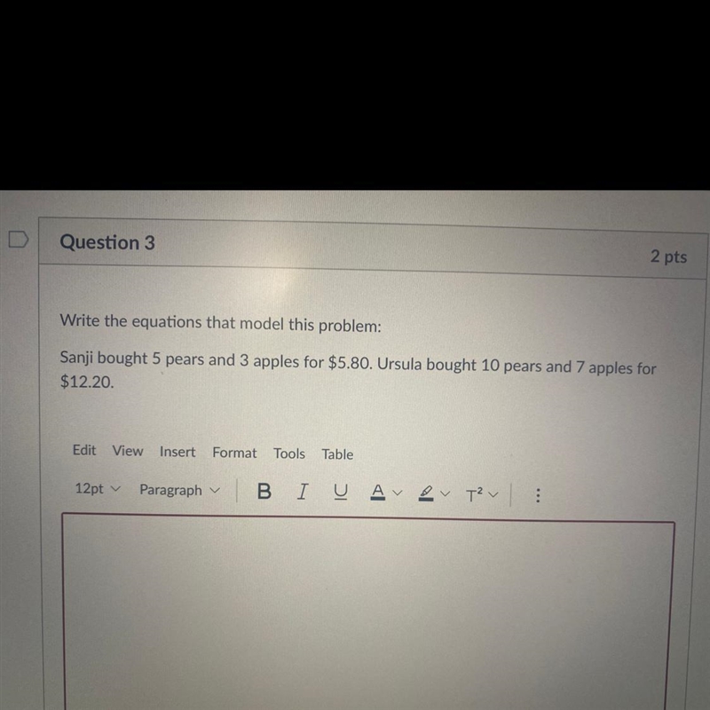 Write the equations that model this problem: Sanji bought 5 pears and 3 apples for-example-1