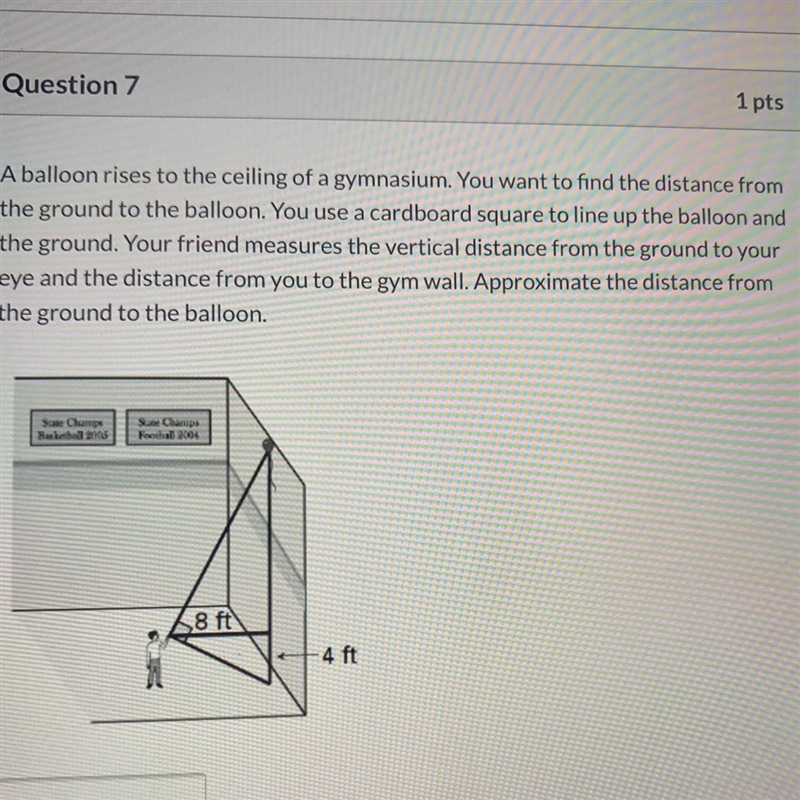 A balloon rises to the ceiling of a gymnasium. You want to find the distance from-example-1