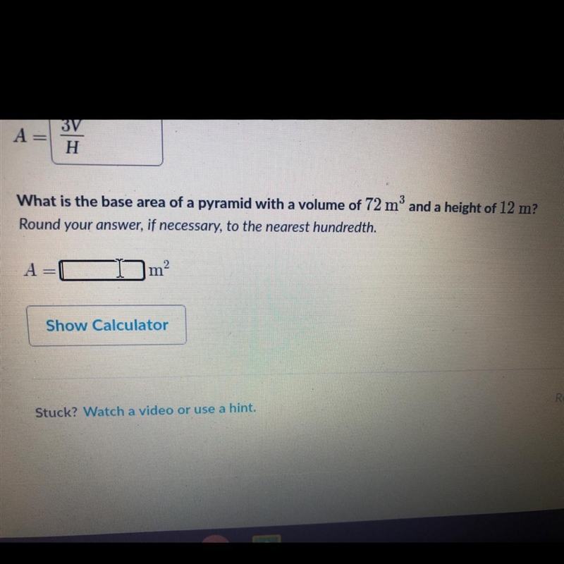 What is the base area of a pyramid with a volume of 72 mº and a height of 12 m? Round-example-1