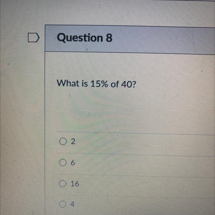 What is 15% of 40? 2 6 16 4-example-1