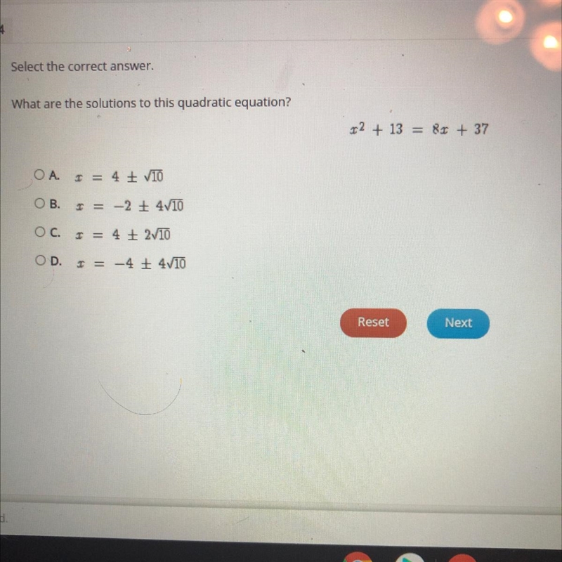 PLEASE PLEASE HELP ME OUT ITS URGENT What are the solutions to the quadratic equation-example-1