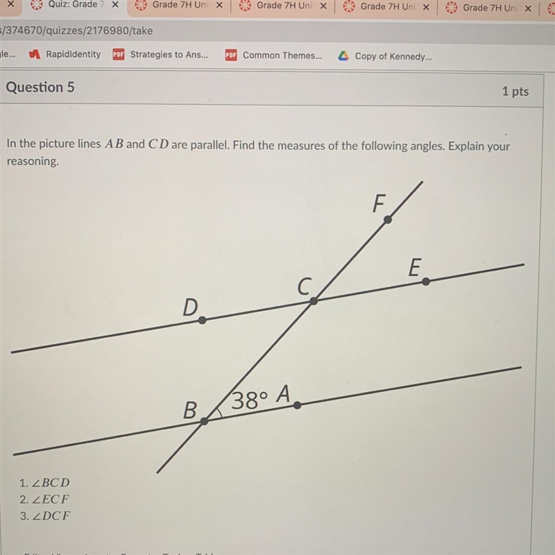 In the picture lines A B and CD are parallel. Find the measures of the following angles-example-1