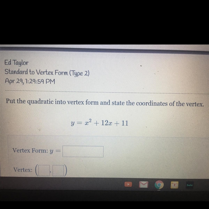 Put the quadratic into vertex form and state the coordinates of the vertex-example-1