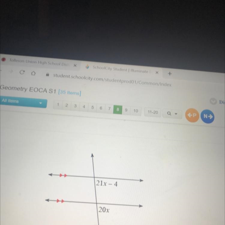 Solve for x. 21x – 4 20x-example-1