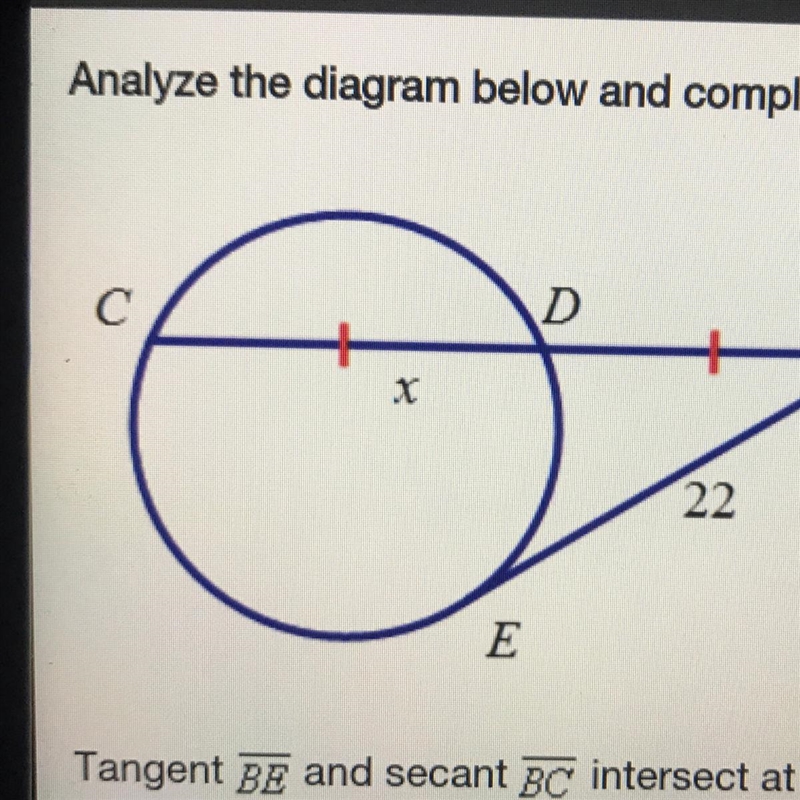 Tangent Be and secant BC intersect at point B. Find the value of x. If necessary, round-example-1