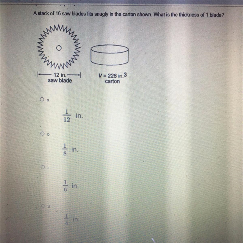 A stack of 16 saw blades fits snugly in the cartoon shown. What is the thickness of-example-1