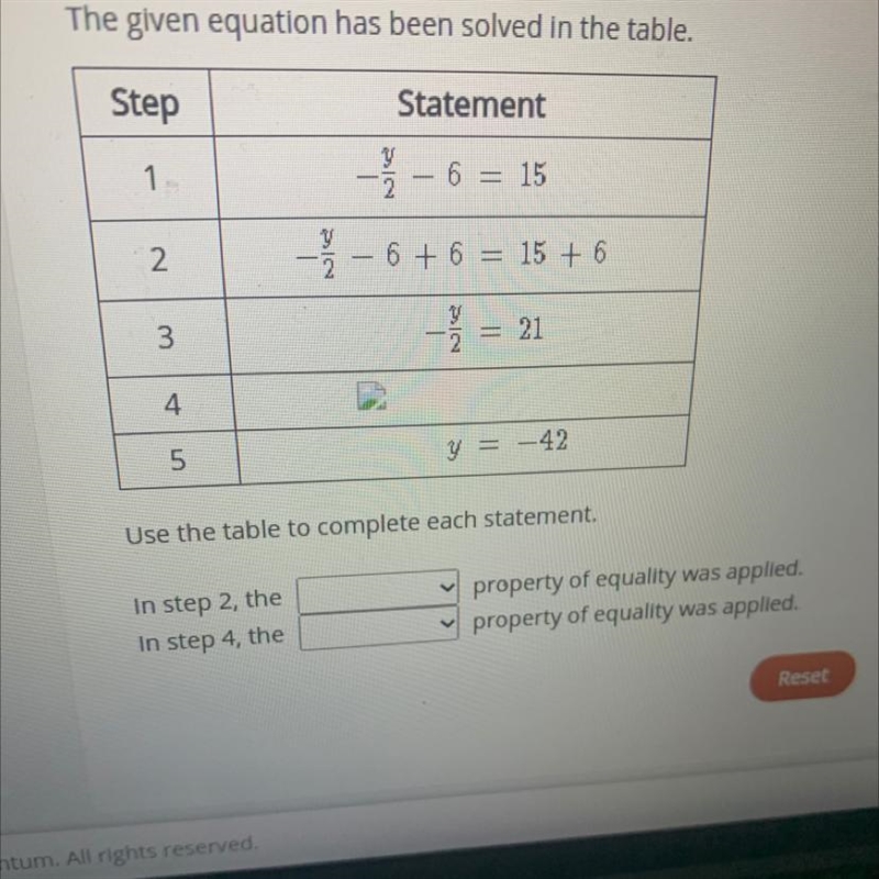 Select the correct answer from each drop down menu. The given equation has been solved-example-1