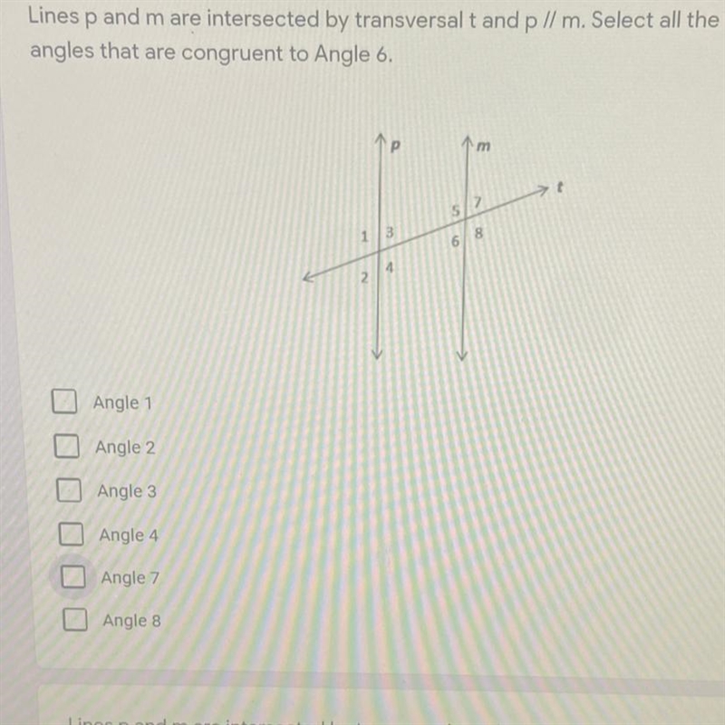 Lines p and m are intersected by transversalt and p // m. Select all the angles that-example-1