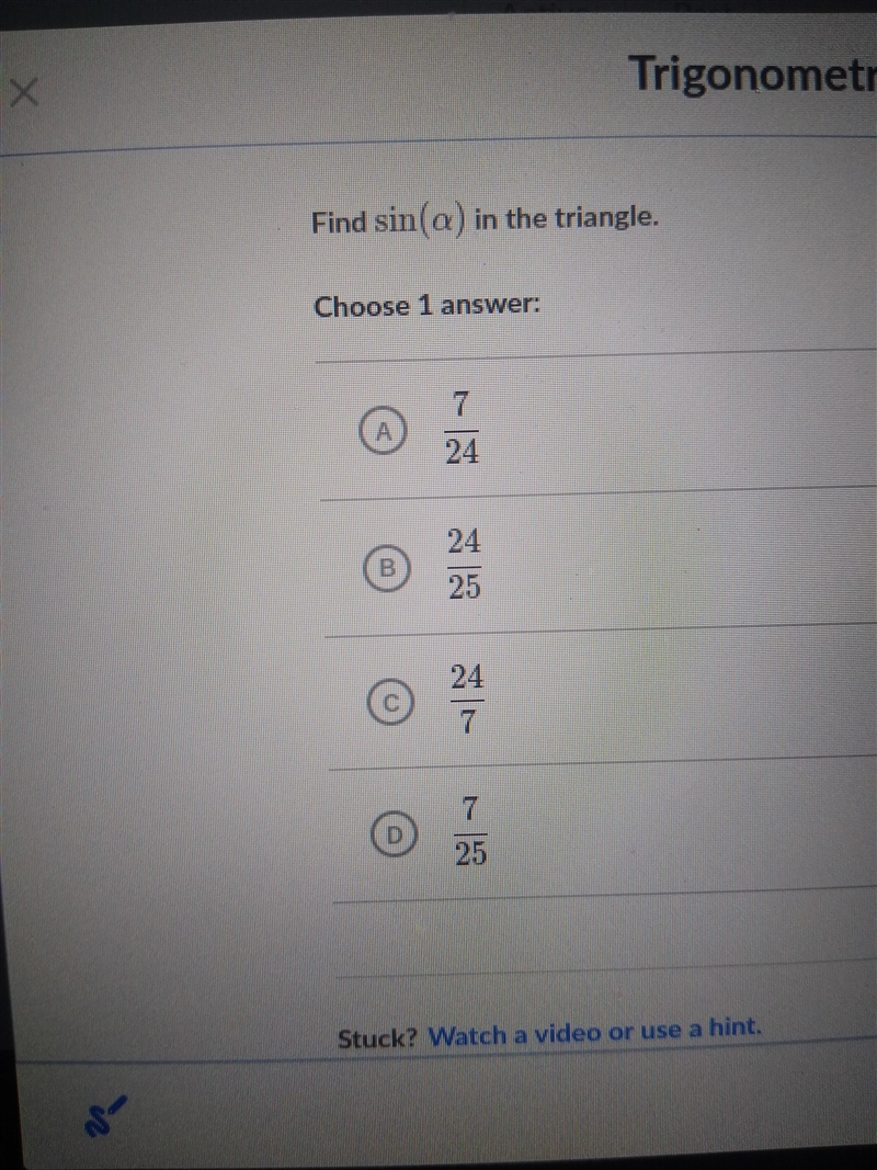 Find sin(a) in the triangle. Any help will be appreciated thank you-example-1