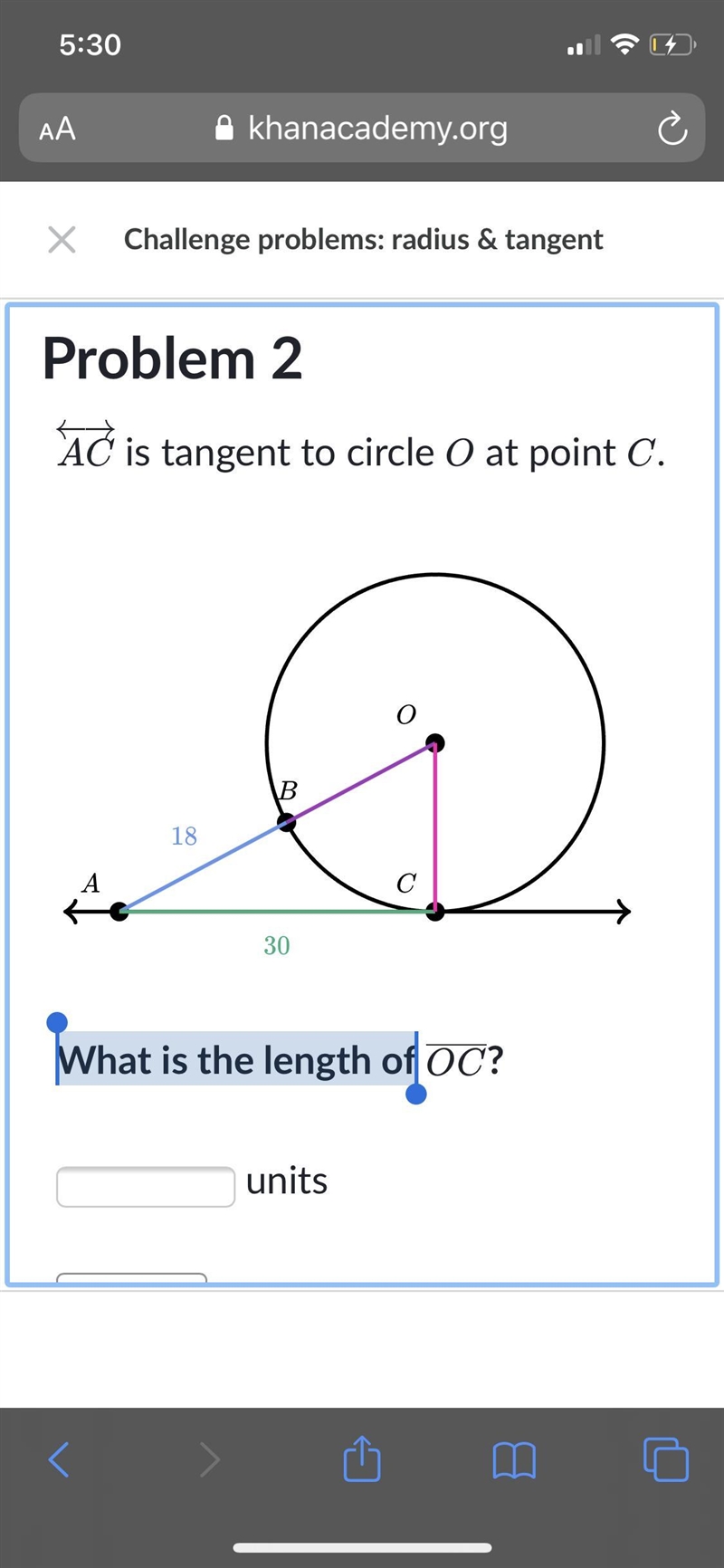 AC is tangent to circle O at point C. What is the length of OC?-example-1