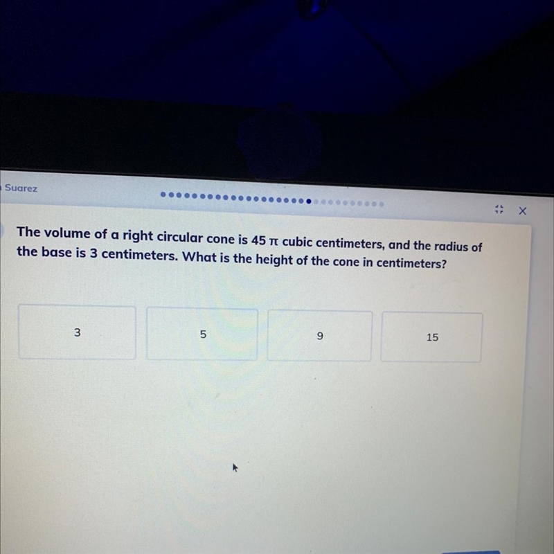 The volume of a right circular cone is 45 cubic centimeters, and the radius of the-example-1