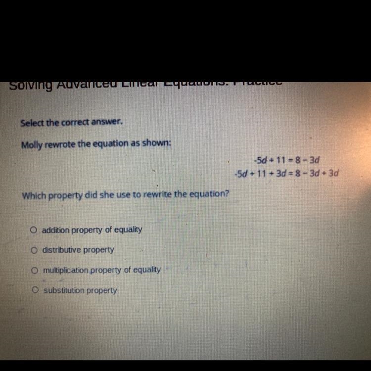 Molly rewrote the equation as shown: -50 + 11 = 8 - 3d -5d + 11 + 3d = 8 - 30 + 3d-example-1