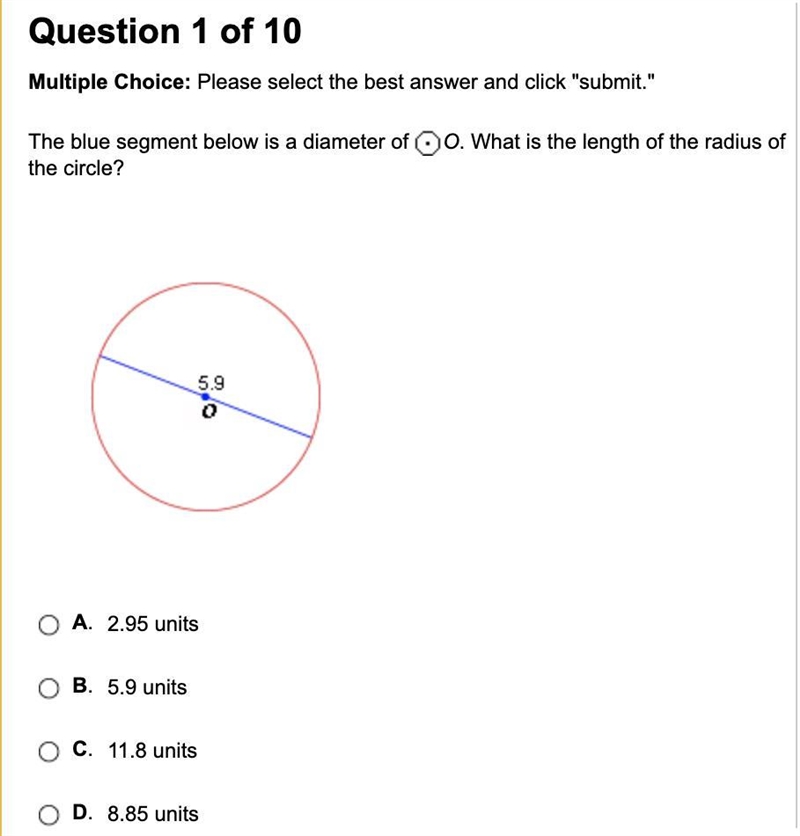 The blue segment below is a diameter of O. What is the length of the radius of the-example-1