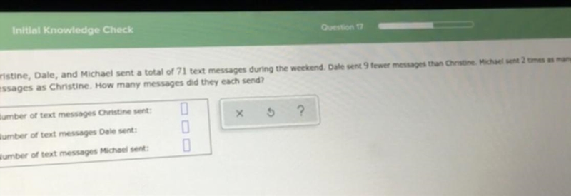 Christine, Dale, and Michael sent a total of 71 messages during the weekend. Dale-example-1