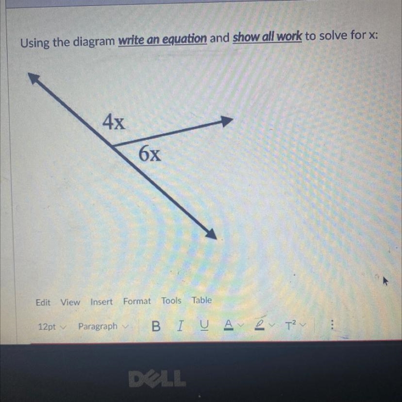 Using the diagram write an equation and show all work to solve for x: 4x 6x-example-1