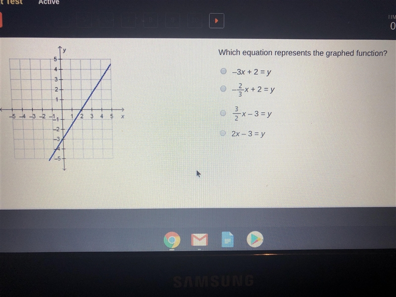 Which equation represents the graphed function? A)-3x+2=y B)-2/3x+2=y C)3/2x-3=y D-example-1