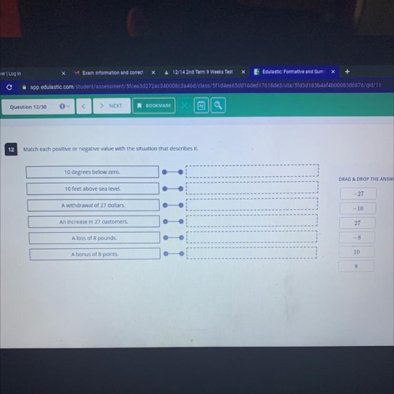 Match each positive or negative value with the situation that describes it-example-1