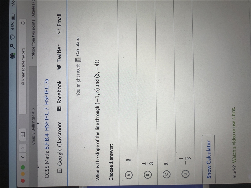 What is the slope of the line through (-1,8) and (3,-4) ?-example-1