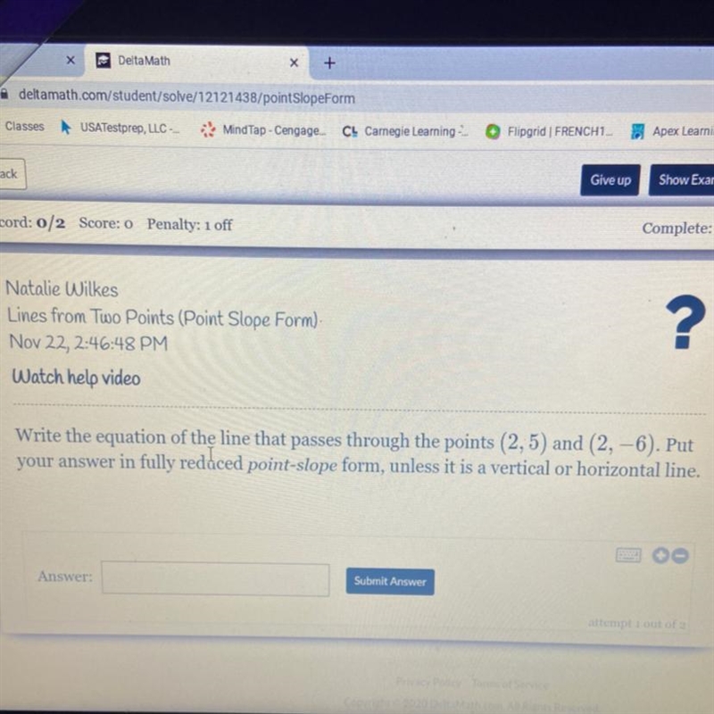 Write the equation of the line that passes through the points (2,5) and (2,-6). Put-example-1