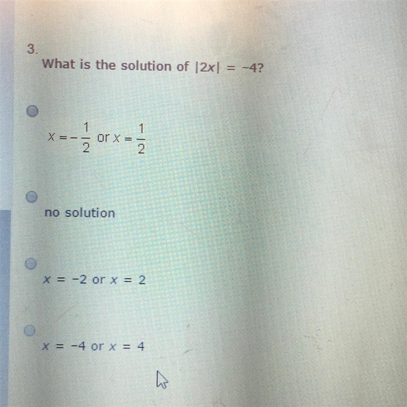 What is the solution of |2x| = -4?-example-1