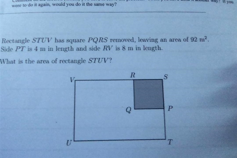 Rectangle STUV has square PQRS removed, leaving an area of 92 m^2. Side PT is 4 m-example-1