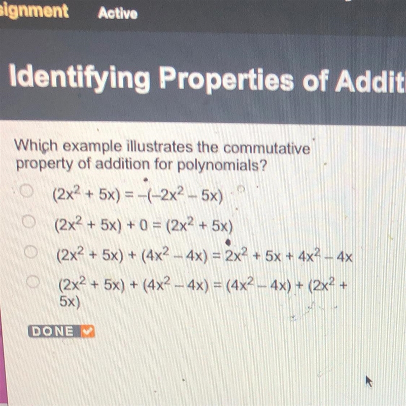 Which example illustrates the commutative property of addition for polynomials?-example-1