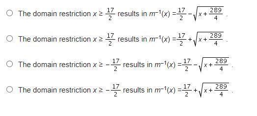 Which statement describes the inverse of m(x) = x2 – 17x?-example-1