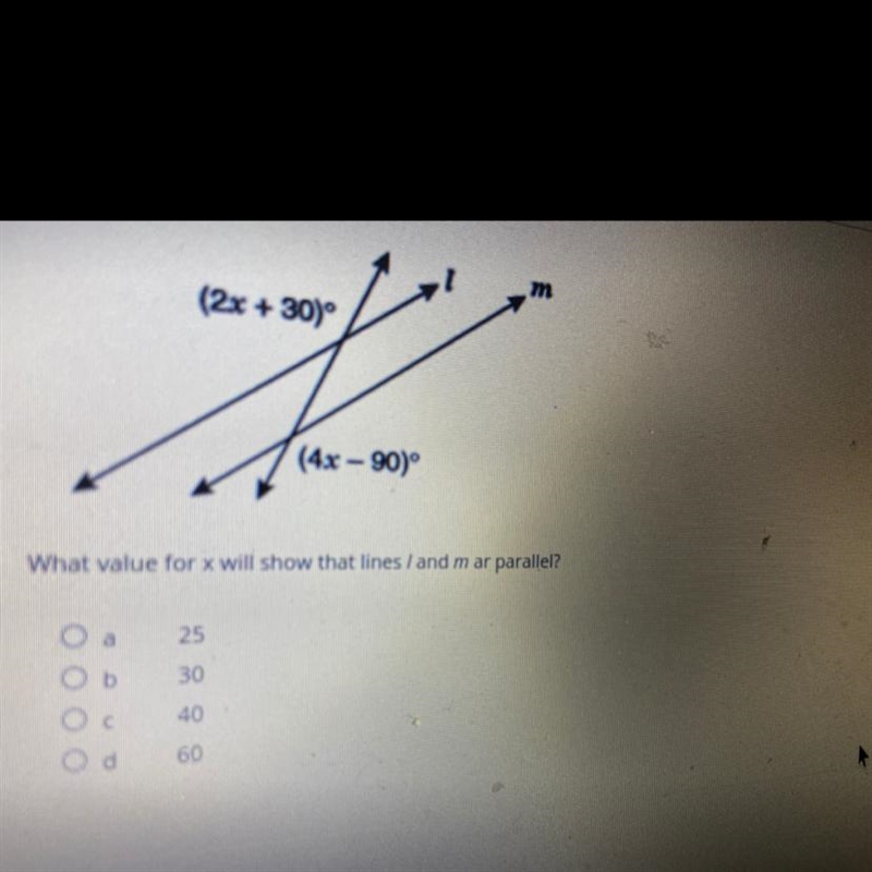 (2x + 30) (4x – 90° What value for x will show that lines / and m ar parallel?-example-1