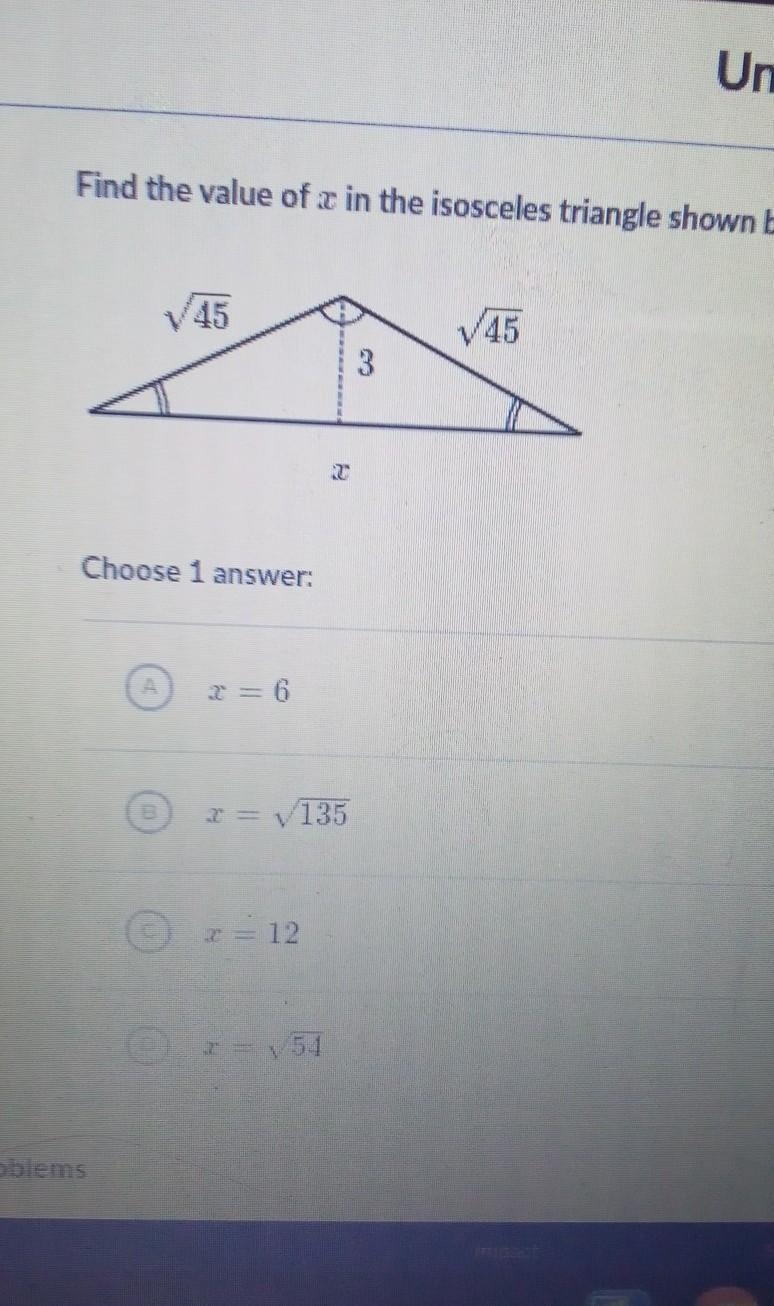 Find the value of x in the isoscleles triangle sqrt45 and altitude 3​-example-1