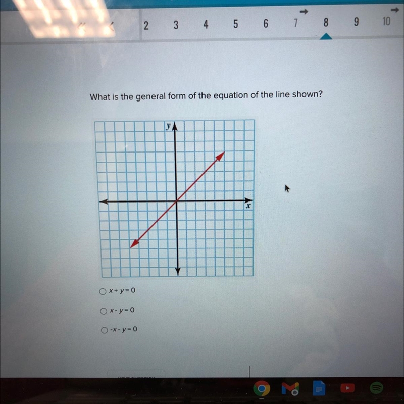 What is the general form of the equation of the line shown? Ox+y=0 Ox-y=0 Ox-y=0-example-1