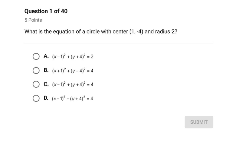 What is the equation of a circle with center (1, -4) and radius 2?-example-1