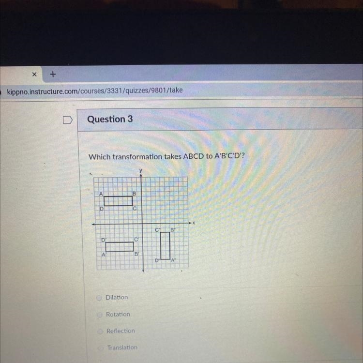 Which transformation takes ABCD to A’B’C’D? A.dilation B.rotation C.reflection D.translation-example-1