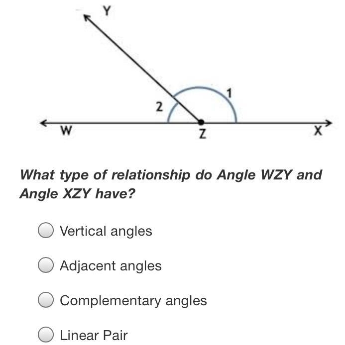 What type of relationship do Angle WZY and Angle XZY have?-example-1