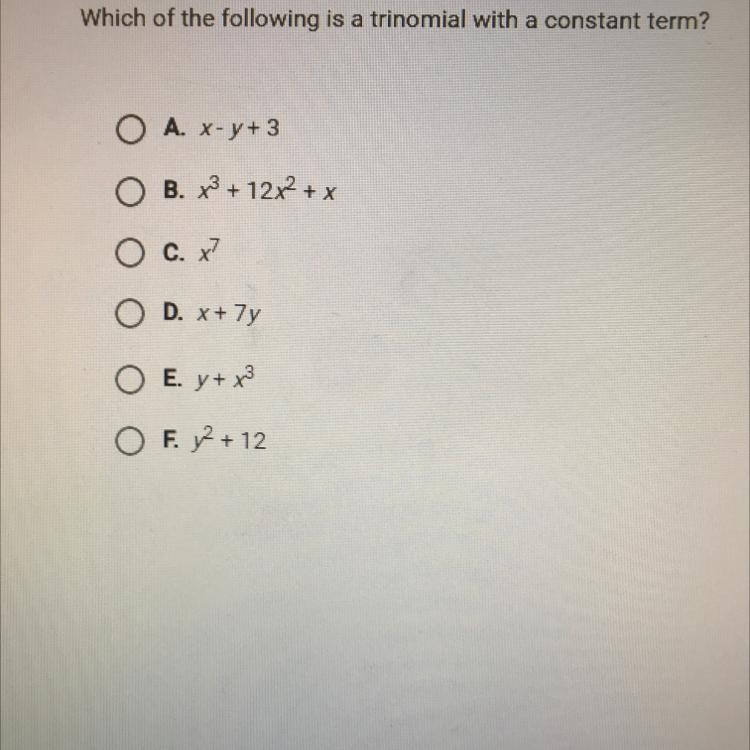 Which of the following is a trinomial with a constant term?-example-1