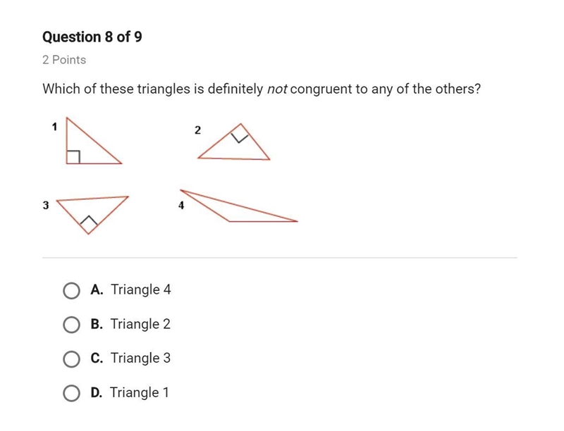 Which of these triangles is definitely not congruent to any of the others?-example-1