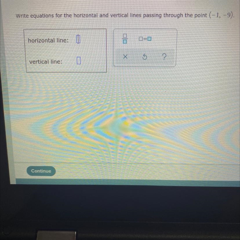 Write equations for the horizontal and vertical lines passing through the point (-1,-9). can-example-1