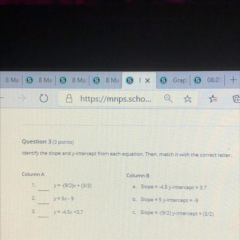 Identify the slope and y-intercept from each equation then match it with the correct-example-1